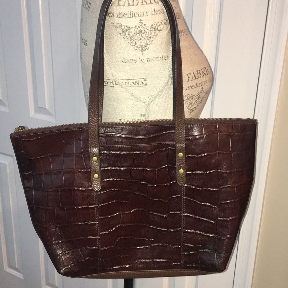 FOSSIL EUC REAL LEATHER Brown Croc-Embossed Leather Tote Bag EUC CLEAN INSIDE